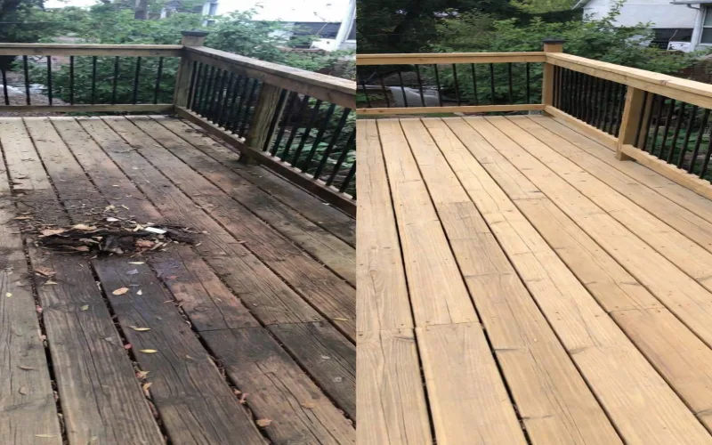Before and after: weathered deck restored to like-new condition with professional pressure washing