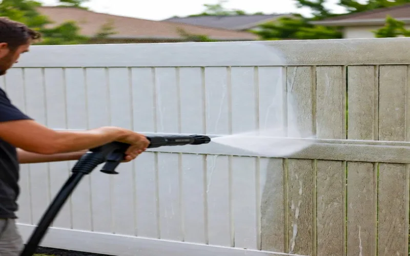 Fence before and after pressure washing in Rochester NH